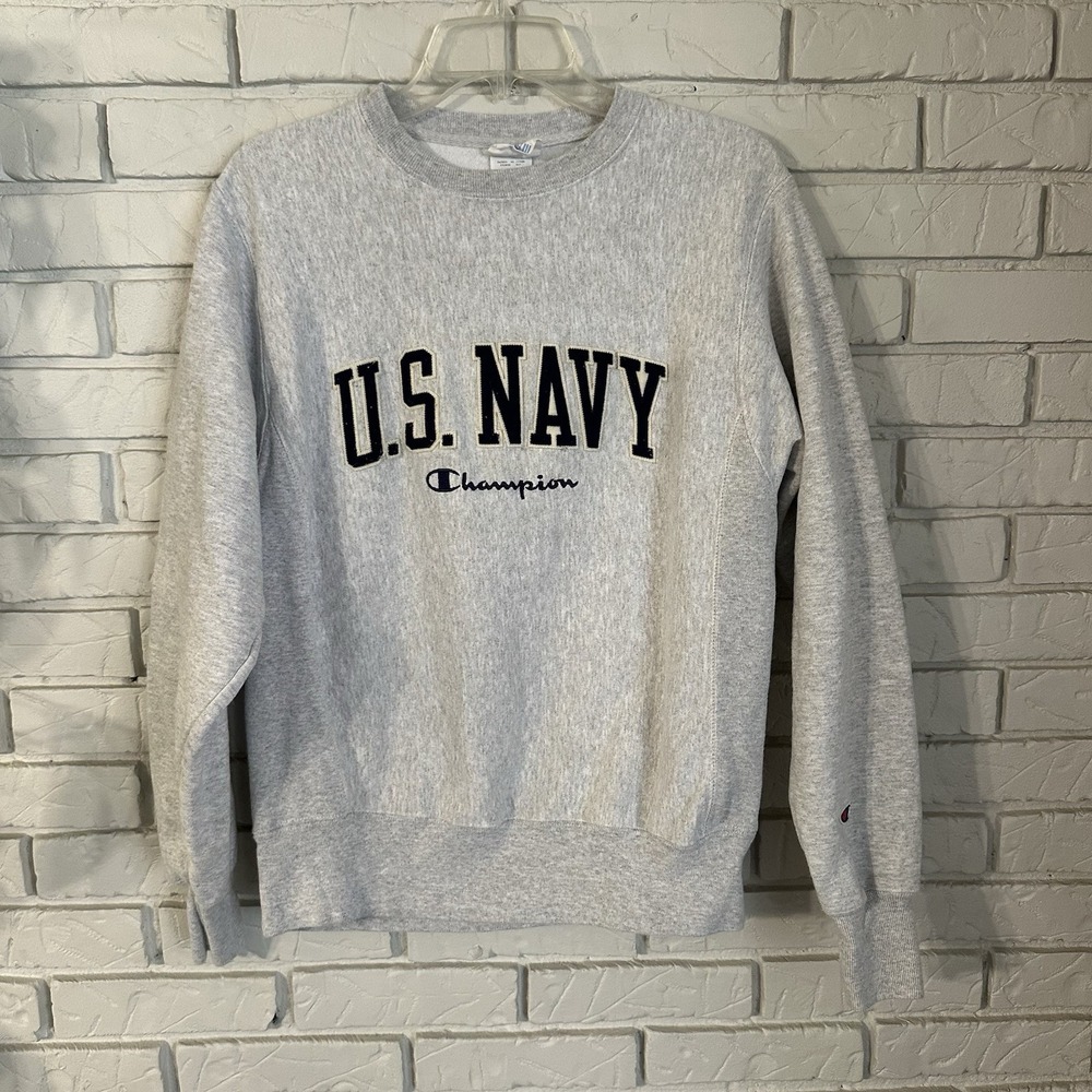 US Navy Military Champion Reverse Weave Crewneck Gray Embroidered Mens Small